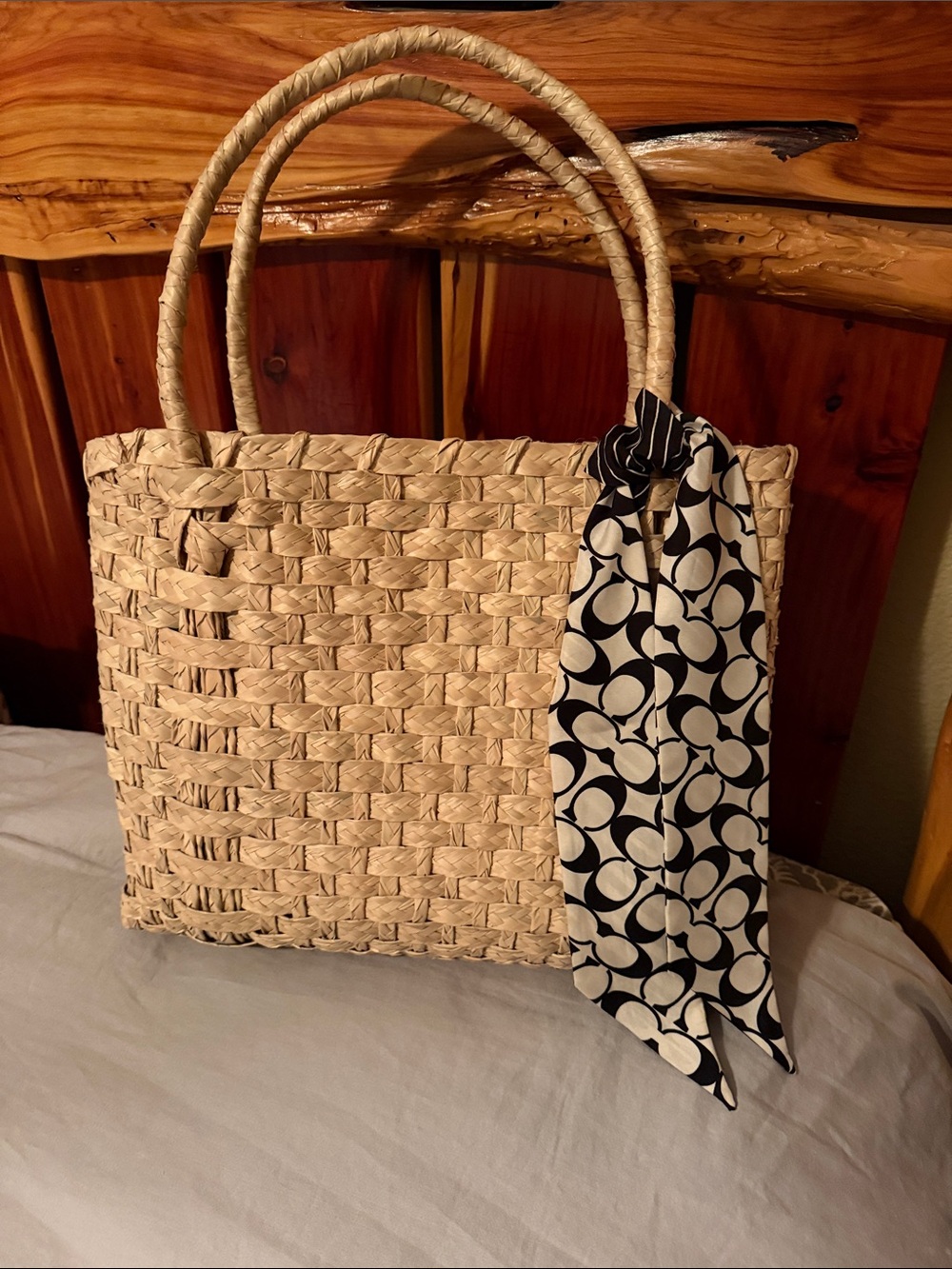 Woven Straw Tote Bag with Black & White Scarf from Coach